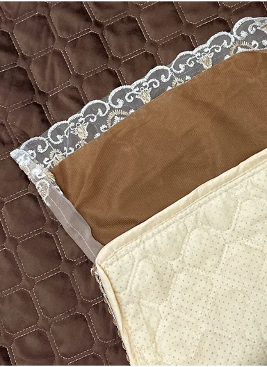 70x180cm 3-Seat Luxury Quilted Velvet Non-Slip Sofa/Couch Cover with Lace Trim - Brown