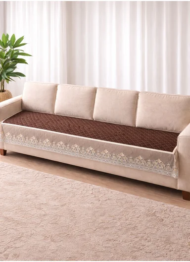 70x210cm 4-Seat Luxury Quilted Velvet Non-Slip Sofa/Couch Cover with Lace Trim - Brown