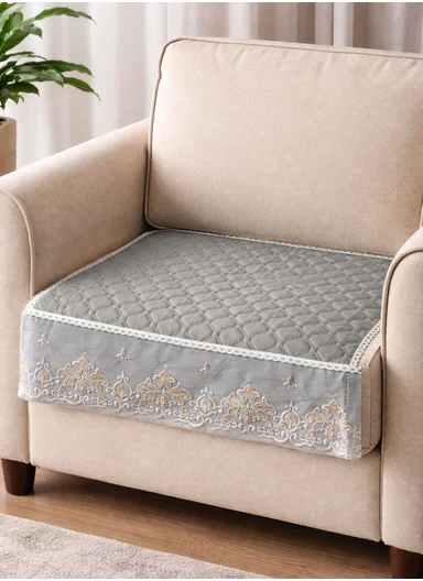 70x70cm 1-Seat Luxury Quilted Velvet Non-Slip Sofa/Couch Cover with Lace Trim - Grey-Blue