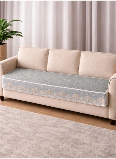 70x180cm 3-Seat Luxury Quilted Velvet Non-Slip Sofa/Couch Cover with Lace Trim - Grey-Blue