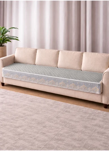 70x210cm 4-Seat Luxury Quilted Velvet Non-Slip Sofa/Couch Cover with Lace Trim - Grey-Blue