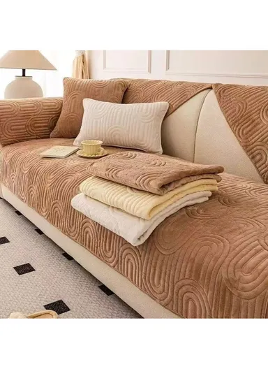 70x150cm 2-Seat Arch Quilted Plush Non-Slip Sofa Cover - Dark Brown