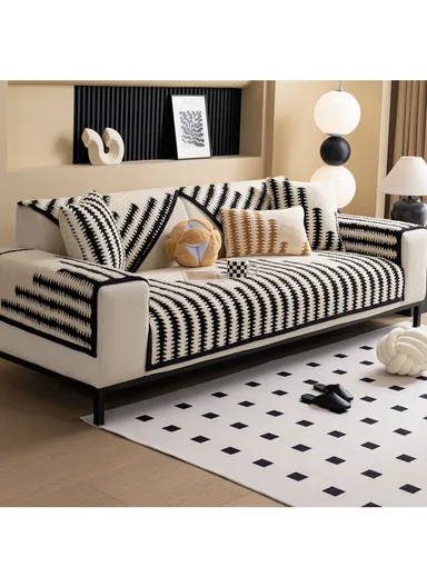 70x70cm 1-Seat Geometric Soft Fleece Sofa Cushion - Beige &amp; Black