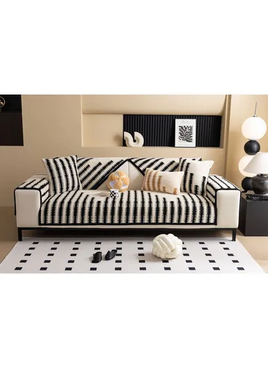 70x150cm 2-Seat Geometric Soft Fleece Sofa Cushion - Beige &amp; Black