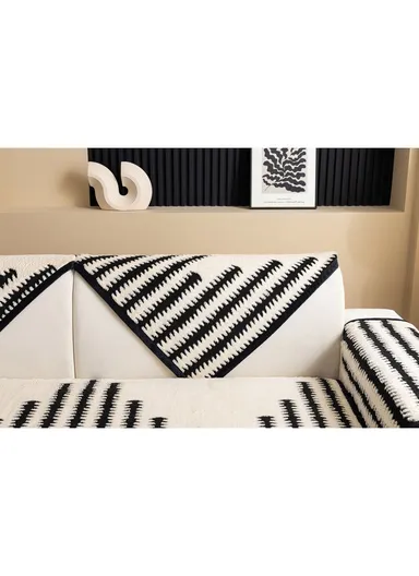 70x180cm 3-Seat Geometric Soft Fleece Sofa Cushion - Beige &amp; Black