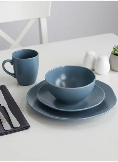 16 Pcs Modern Dinnerware Set With Elegant Handle, Microwave &amp; Dishwasher Safe, Durable Everyday Dining Set  ZHZ16-19 -  Dusty Blue