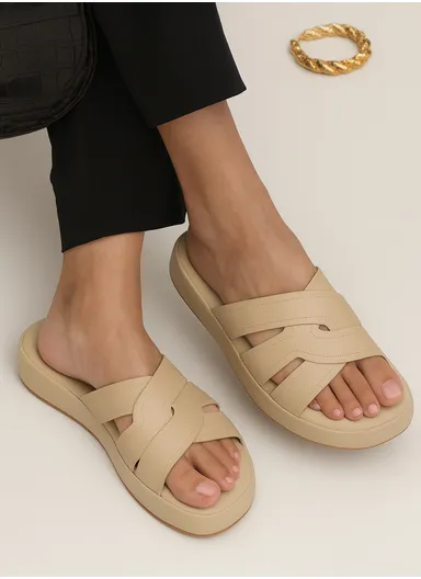 Open Toe Comfortable Women's Summer Slippers - Beige