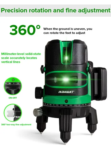 Professional 12-Line Laser Level Kit with 360° Rotating Base, 2 Rechargeable Battery, Self-Leveling, ±1mm Precision, 20m Range for Indoor &amp; Outdoor Use