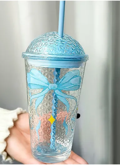 450ml Hot &amp; Cold Glass Cup Tumbler with Lid &amp; Straw - Blue