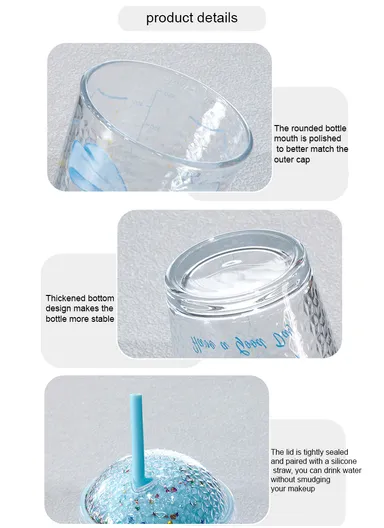 450ml Hot &amp; Cold Glass Cup Tumbler with Lid &amp; Straw - Blue