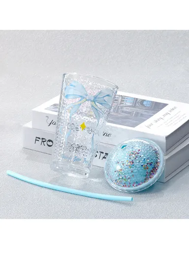 450ml Hot &amp; Cold Glass Cup Tumbler with Lid &amp; Straw - Blue