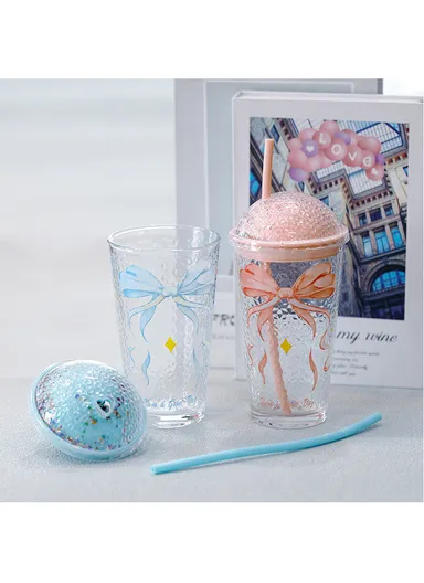 450ml Hot &amp; Cold Glass Cup Tumbler with Lid &amp; Straw - Blue