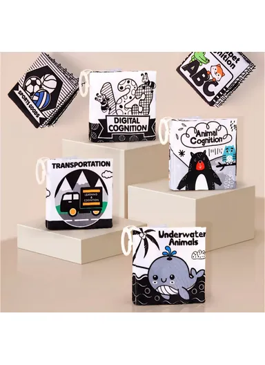 Montessori Autistic Child Soft Baby Cloth Book Toy, Cartoon Animal Stuffed Toys Early Educational - Black &amp; White