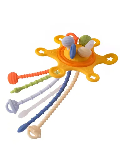 Montessori Teething Toy 3 in 1 Baby Sensory Silicone Develops Cognitive Baby Pull String