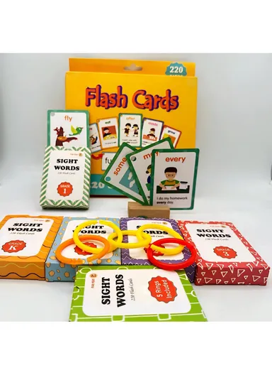 Montessori Ready to Ship Sight Words Flash Cards 220 Word Set with Pictures, 5 Grades