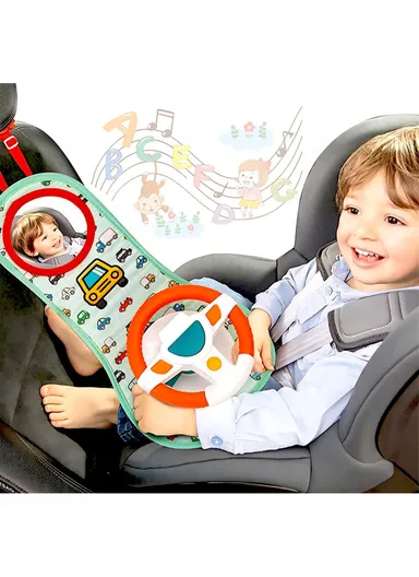 Baby Car Seat Toys for Infants with Mirror, Carseat Toys Steering Wheel with Music Lights and Driving Sounds, Travel Car Seat Toy