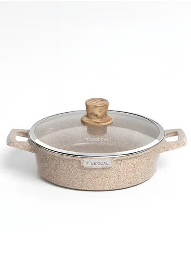 26cm Granite Low Casserole Extra-Thick Base, Ceramic Nonstick Coating with Lid DLC-52602-26- 3 I - Cream
