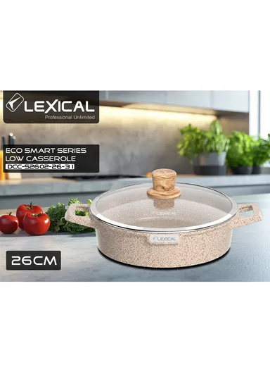 26cm Granite Low Casserole Extra-Thick Base, Ceramic Nonstick Coating with Lid DLC-52602-26- 3 I - Cream