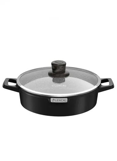 24cm Granite Low Casserole Extra-Thick Base, Ceramic Nonstick Coating with Lid DLC-52602-24- 2 I - Black