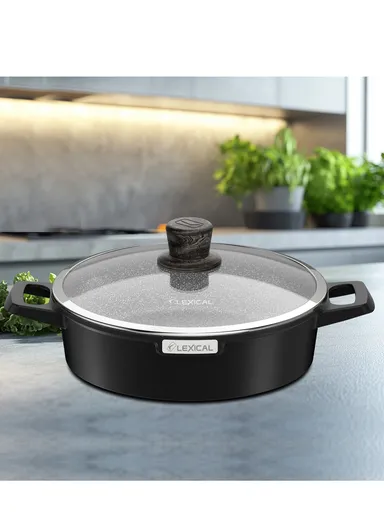 24cm Granite Low Casserole Extra-Thick Base, Ceramic Nonstick Coating with Lid DLC-52602-24- 2 I - Black