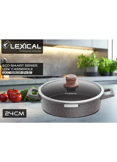 24cm Granite Low Casserole Extra-Thick Base, Ceramic Nonstick Coating with Lid DLC-52602-24- 2 I - Brown