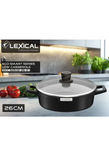 26cm Granite Low Casserole Extra-Thick Base, Ceramic Nonstick Coating with Lid DLC-52602-26- 2 I - Black