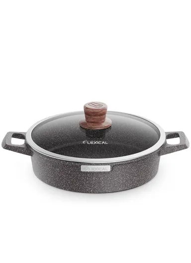 26cm Granite Low Casserole Extra-Thick Base, Ceramic Nonstick Coating with Lid DLC-52602-26- 5 I - Brown