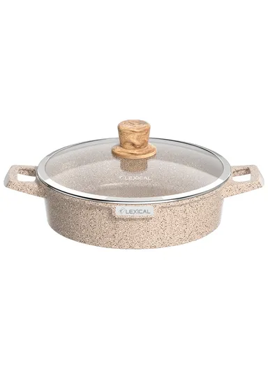 28cm Granite Low Casserole Extra-Thick Base, Ceramic Nonstick Coating with Lid DLC-52602-28- 3 I - Cream