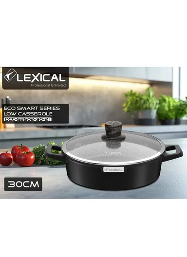 30cm Granite Low Casserole Extra-Thick Base, Ceramic Nonstick Coating with Lid DLC-52602-30- 2 I - Black