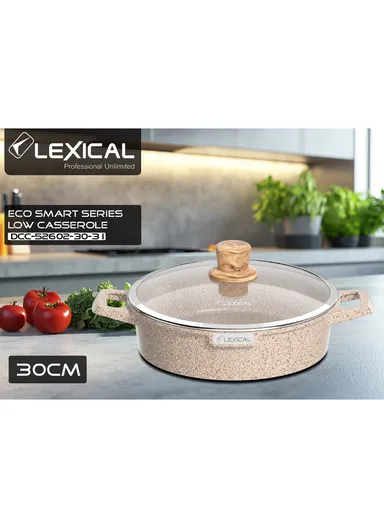 30cm Granite Low Casserole Extra-Thick Base, Ceramic Nonstick Coating with Lid DLC-52602-30- 3 I - Cream