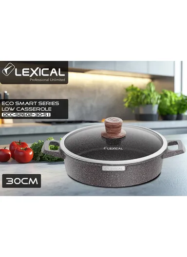 30cm Granite Low Casserole Extra-Thick Base, Ceramic Nonstick Coating with Lid DLC-52602-30- 5 I - Brown