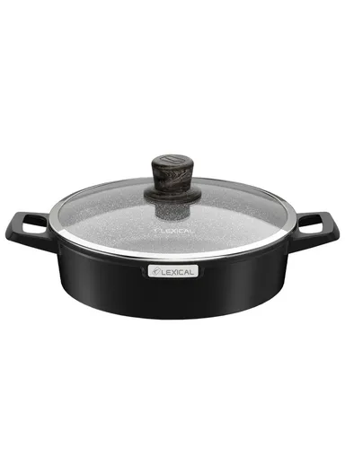 32cm Granite Low Casserole Extra-Thick Base, Ceramic Nonstick Coating with Lid DLC-52602-32- 2 I - Black