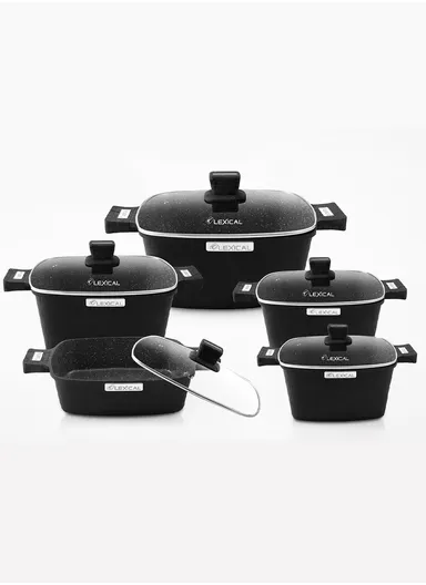 10-Piece Non-Stick Cast Aluminium Casserole Set with Glass Lids Multi-Size, Toxin-Free, All Heat Source Compatible DCC-54710-2 - Black