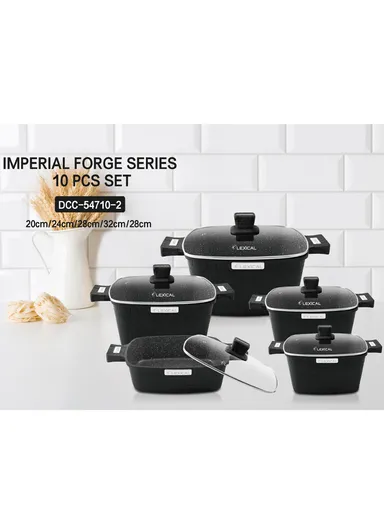 10-Piece Non-Stick Cast Aluminium Casserole Set with Glass Lids Multi-Size, Toxin-Free, All Heat Source Compatible DCC-54710-2 - Black