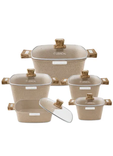 10-Piece Non-Stick Cast Aluminium Casserole Set with Glass Lids Multi-Size, Toxin-Free, All Heat Source Compatible DCC-54710-2 - Brown