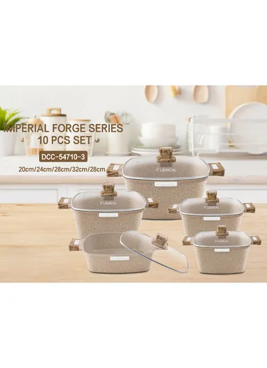 10-Piece Non-Stick Cast Aluminium Casserole Set with Glass Lids Multi-Size, Toxin-Free, All Heat Source Compatible DCC-54710-2 - Brown