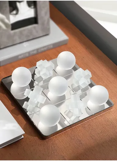 9 Pcs Mirrored Glass Decorative Board with Sparkling Tic-Tac-Toe Crystal Ornaments