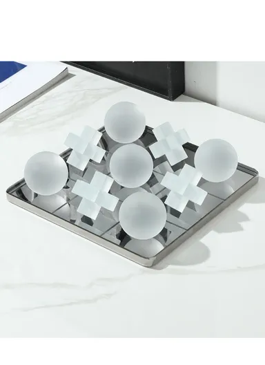 9 Pcs Mirrored Glass Decorative Board with Sparkling Tic-Tac-Toe Crystal Ornaments