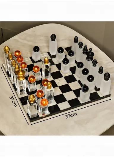 Crystal Chess Set with Glass Transparent &amp; Black Board 32 Resin Pieces - Black &amp; Bronze 