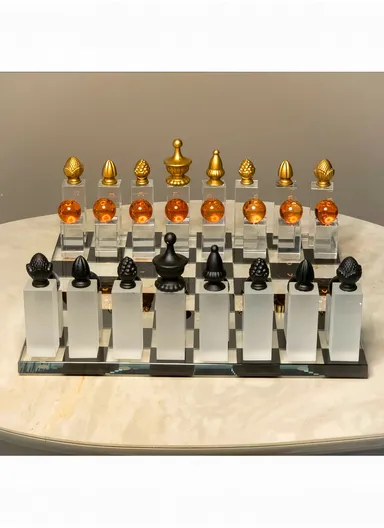 Crystal Chess Set with Glass Transparent &amp; Black Board 32 Resin Pieces - Black &amp; Bronze 