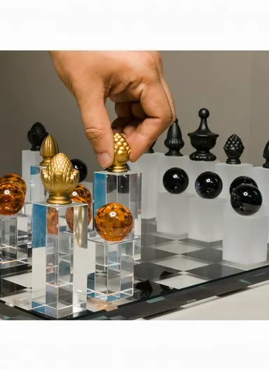 Crystal Chess Set with Glass Transparent &amp; Black Board 32 Resin Pieces - Black &amp; Bronze 