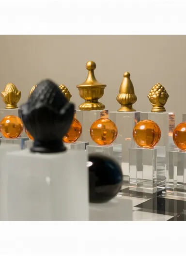 Crystal Chess Set with Glass Transparent &amp; Black Board 32 Resin Pieces - Black &amp; Bronze 