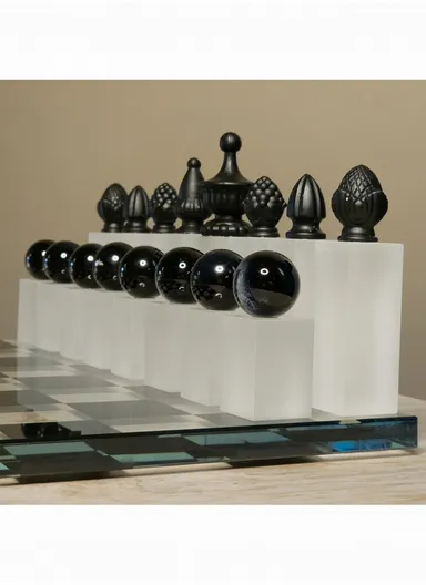 Crystal Chess Set with Glass Transparent &amp; Black Board 32 Resin Pieces - Black &amp; Bronze 