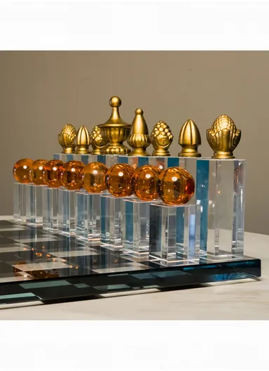 Crystal Chess Set with Glass Transparent &amp; Black Board 32 Resin Pieces - Black &amp; Bronze 