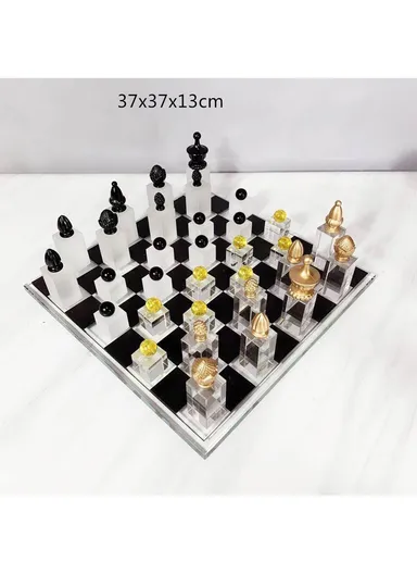 Crystal Chess Set with Glass Transparent &amp; Black Board 32 Resin Pieces - Black &amp; Bronze 