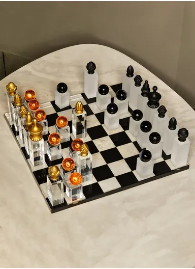 Crystal Chess Set with Glass Transparent &amp; Black Board 32 Resin Pieces - Black &amp; Bronze 