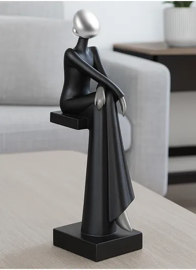 Elegant Seated Woman Figurine Modern Decorative Sculpture 7255 - Black &amp; Grey