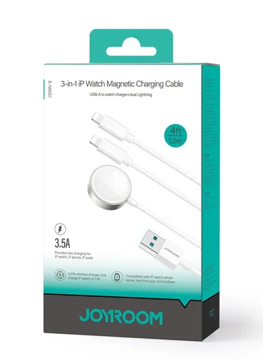 S-IW007 3-in-1 iP Watch Magnetic Charger + Dual Lightning Cable (USB-A) 1.2m - White