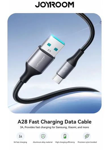 1m Flash Series 3A Fast Charging Data Cable USB-A to Type-C S-A28 - Black