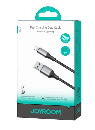 1m Flash Series 3A Fast Charging Data Cable USB-A to Lightning S-A28 - Black